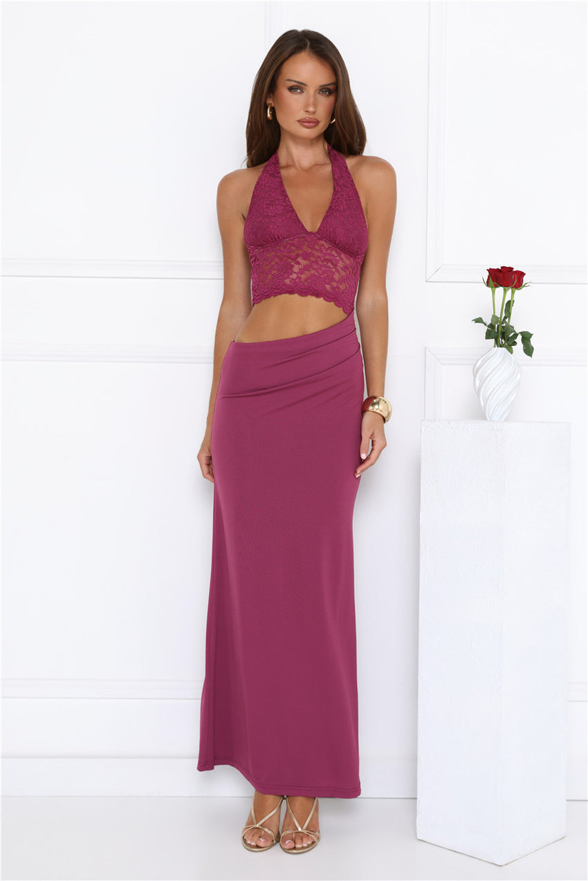 Sway In Moonbeams Halter Lace Maxi Dress Plum