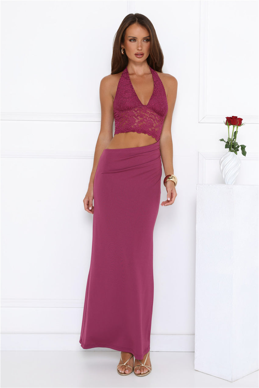 Sway In Moonbeams Halter Lace Maxi Dress Plum