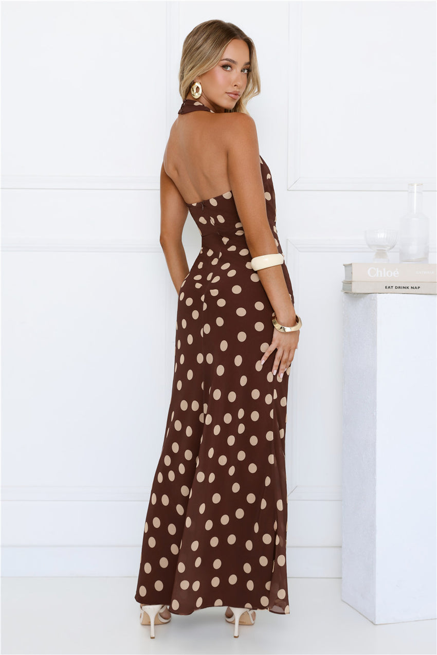 Nova Nights Halter Polka Dot Maxi Dress Brown