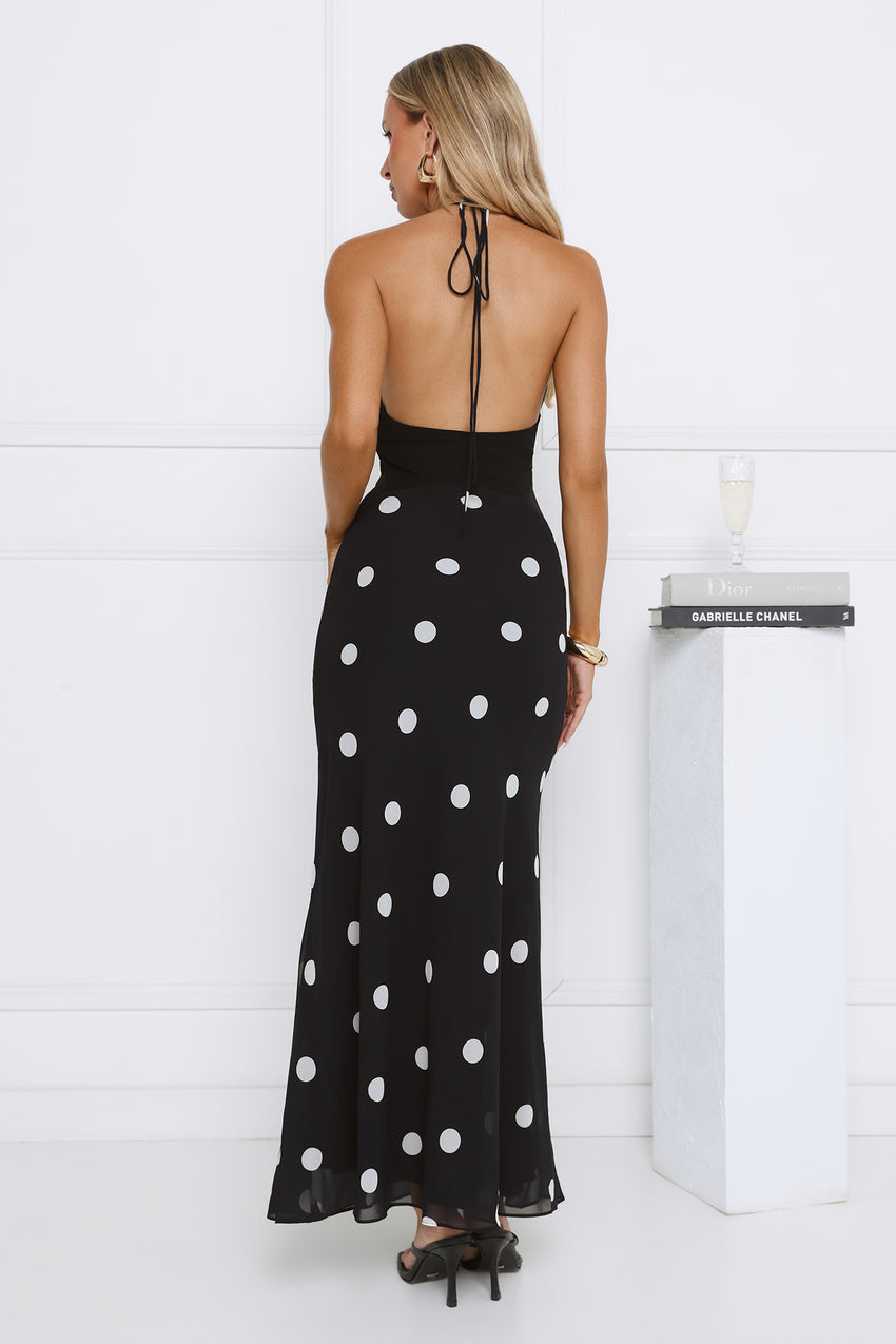 Polka Dot Parade Halter Maxi Dress Black