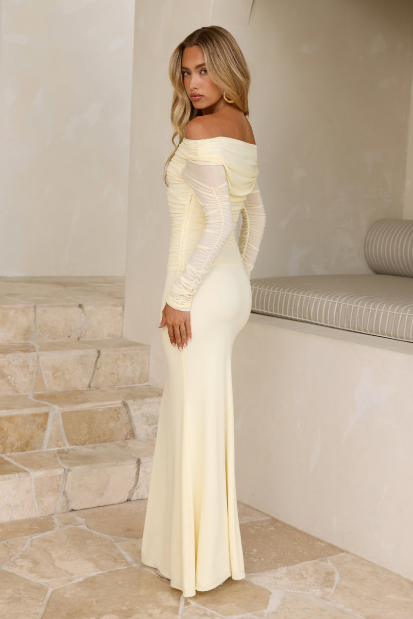 Glam Mesh Off-Shoulder Maxi Dress Yellow