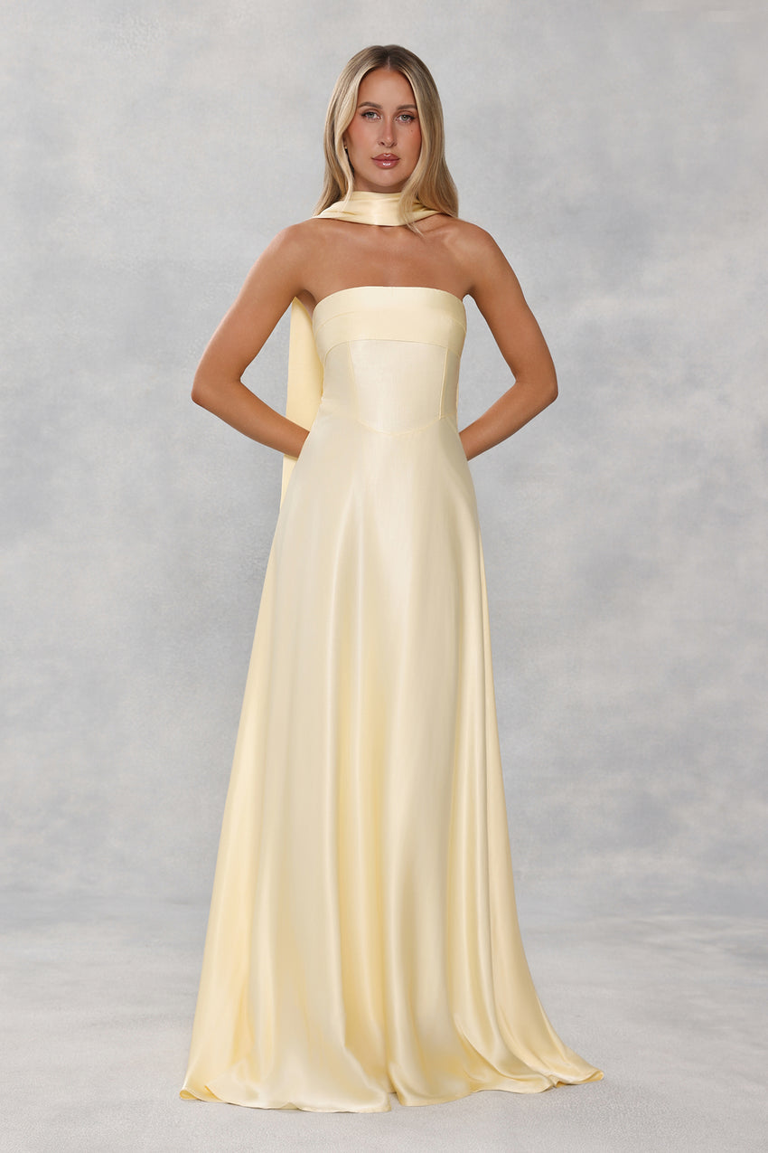 The Serina Strapless Satin Maxi Dress Yellow
