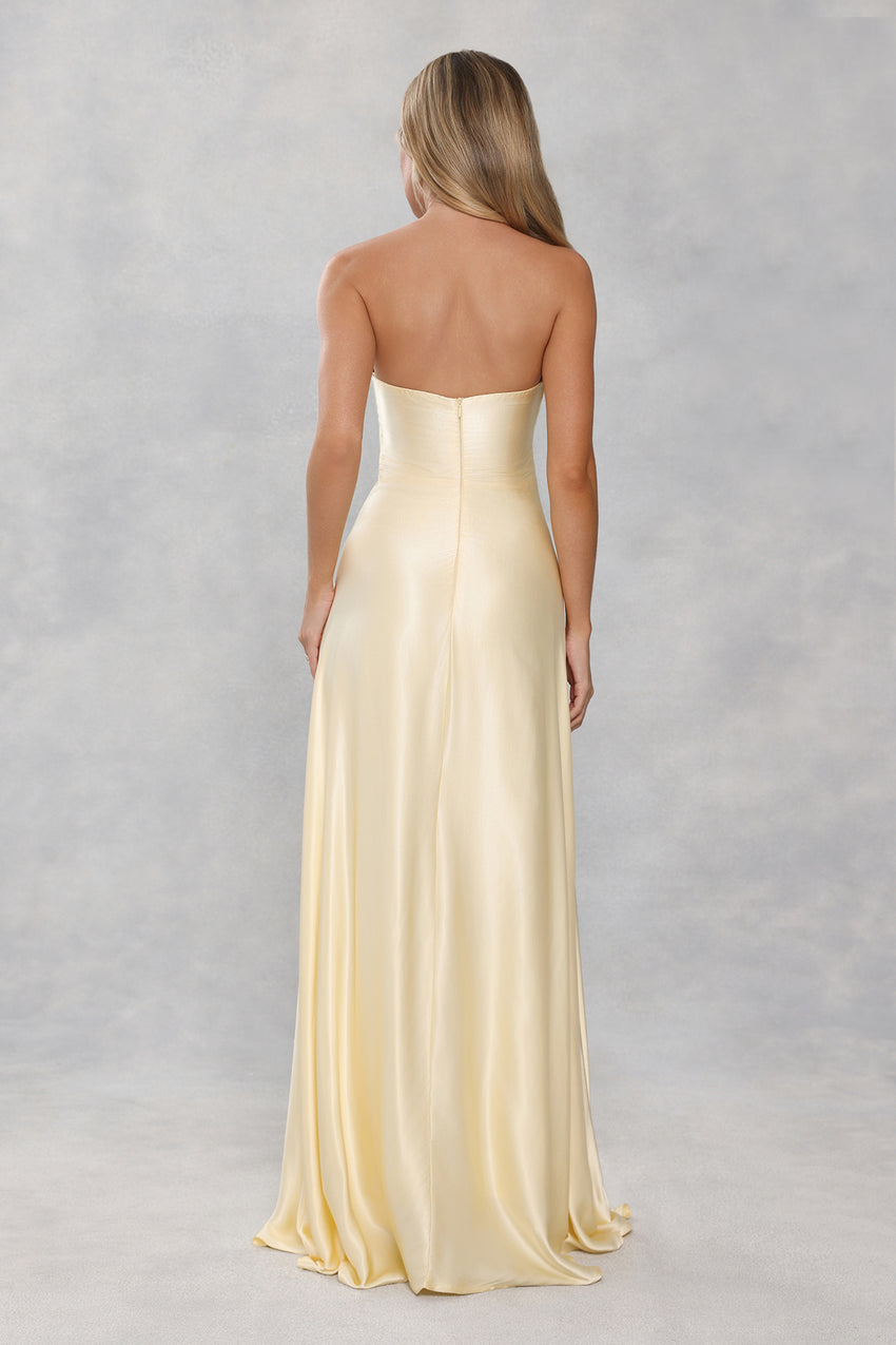 The Serina Strapless Satin Maxi Dress Yellow