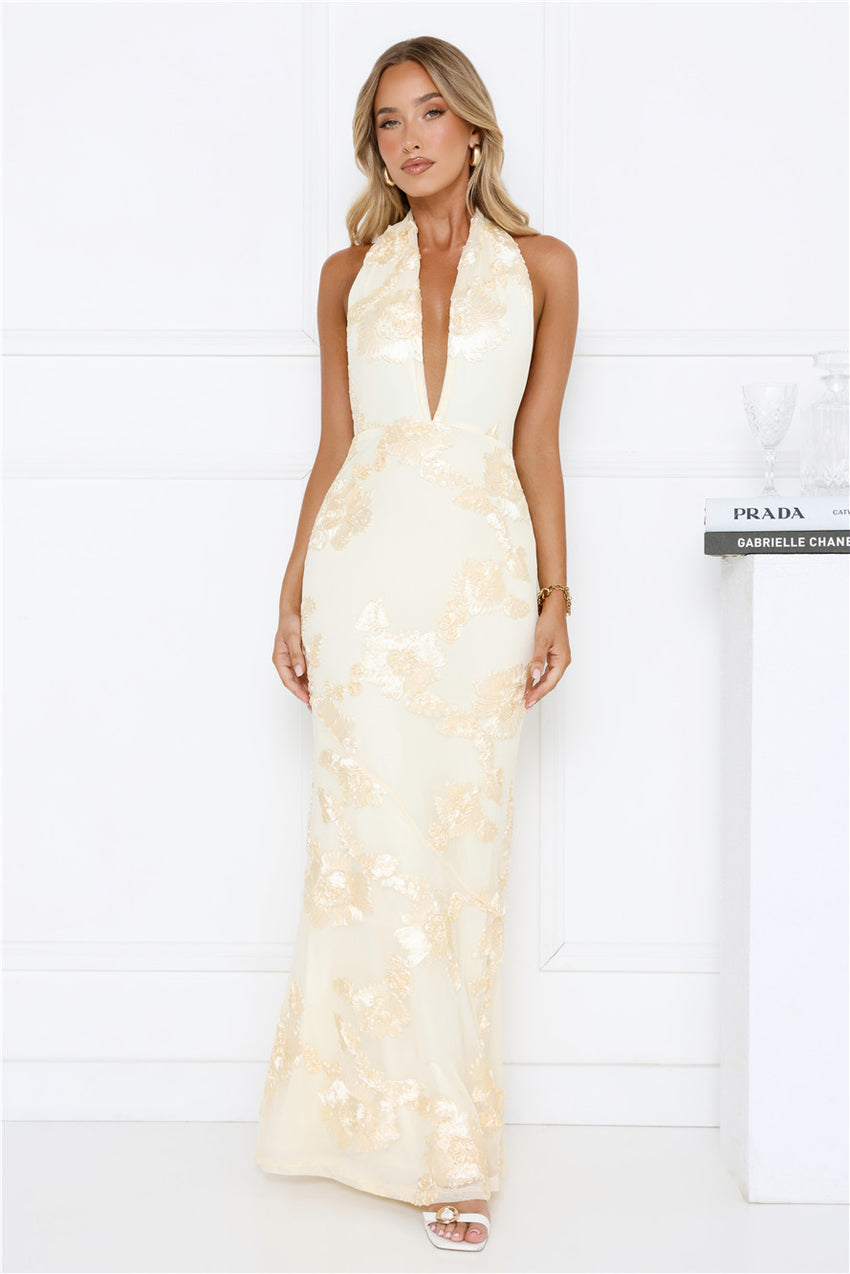 Daydream Kiss Halter Mesh Maxi Dress Yellow