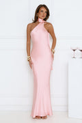 Cinnamon Glaze Halter Satin Maxi Dress Pink