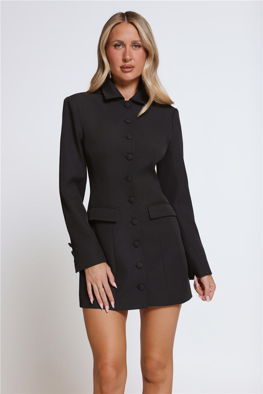 Preppy Perfection Tailored Long Sleeve Mini Dress Black