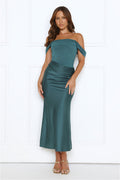 Out Tonight Edit Off Shoulder Mesh Satin Maxi Dress Teal
