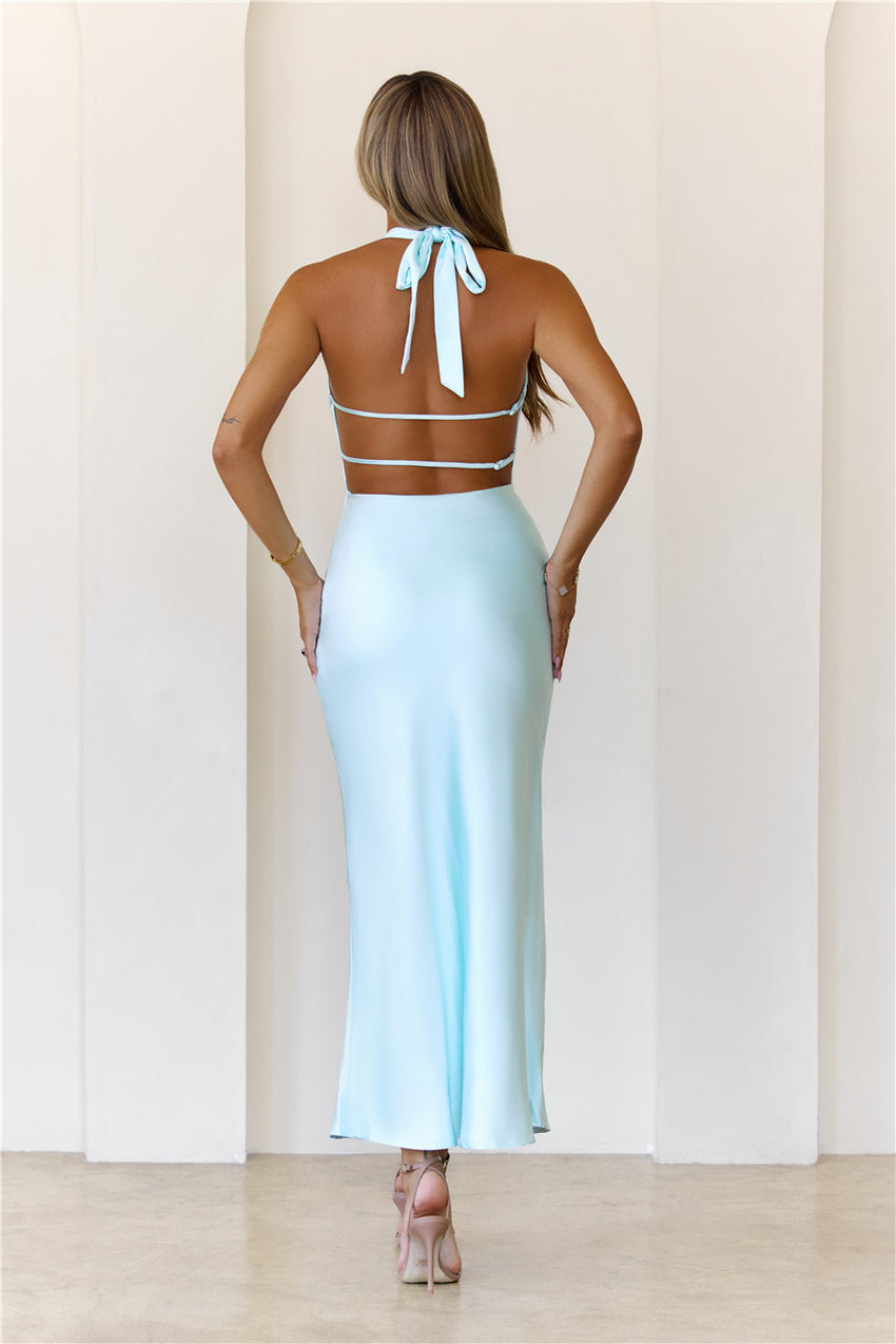 Starlit Diva Halter Satin Maxi Dress Blue
