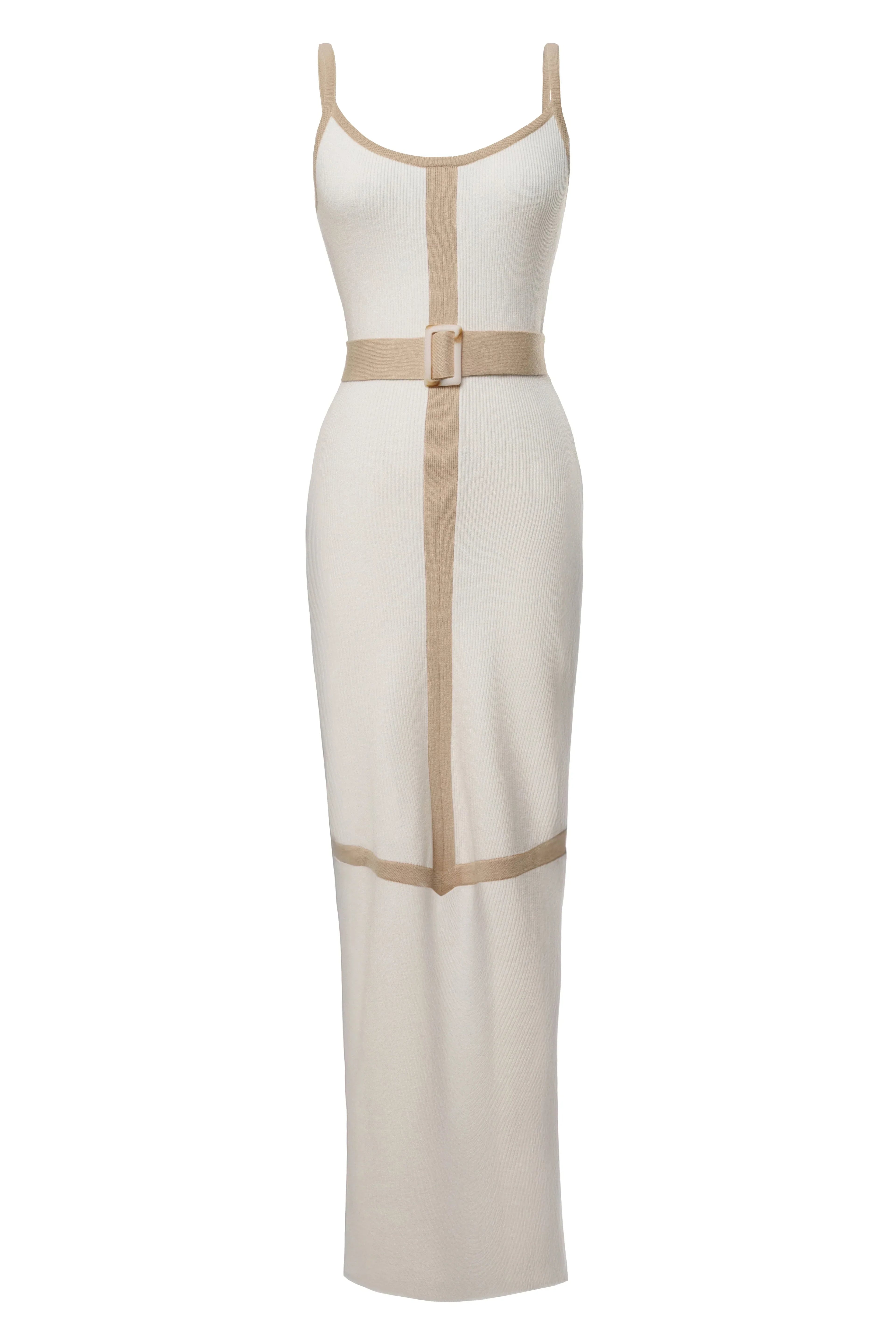 Ivory Beige Belted Cami Maxi Dress