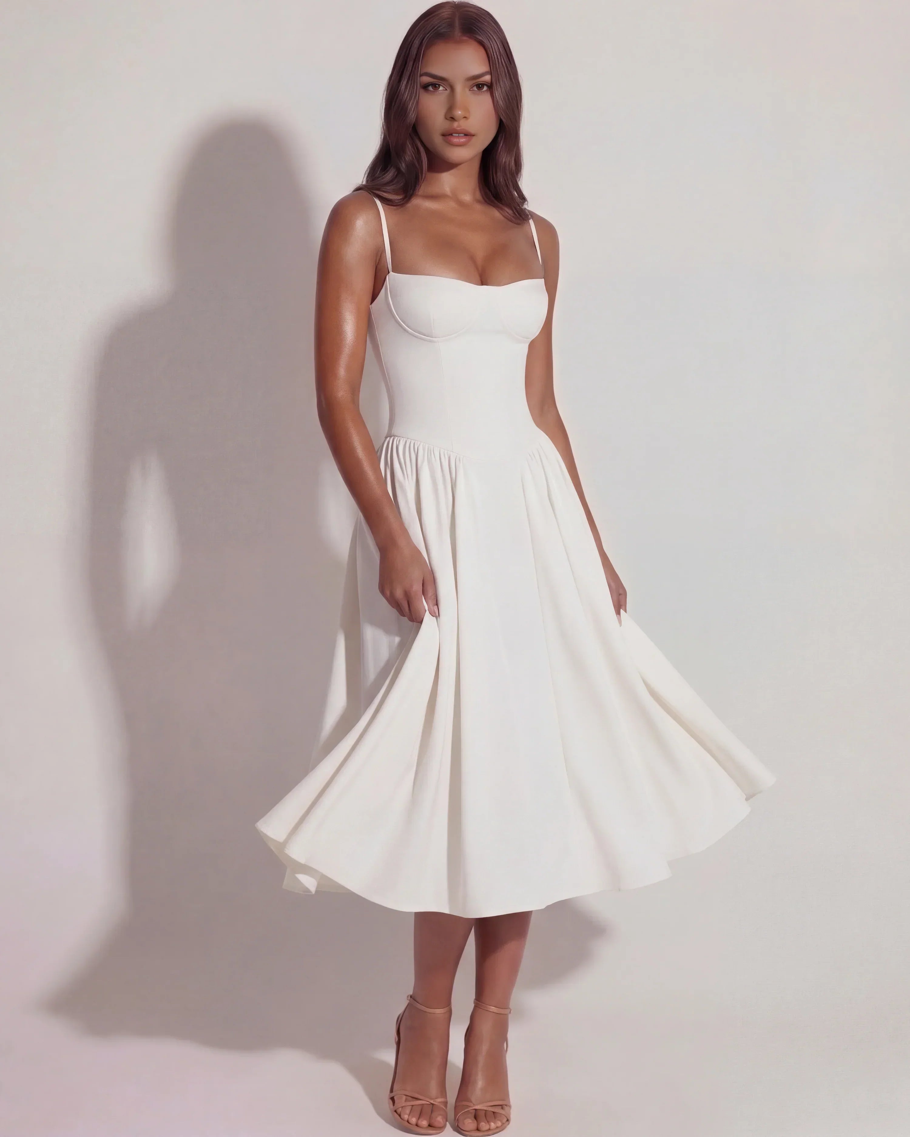 White Midi Dress With Sweetheart Neckline And Hidden Pockets