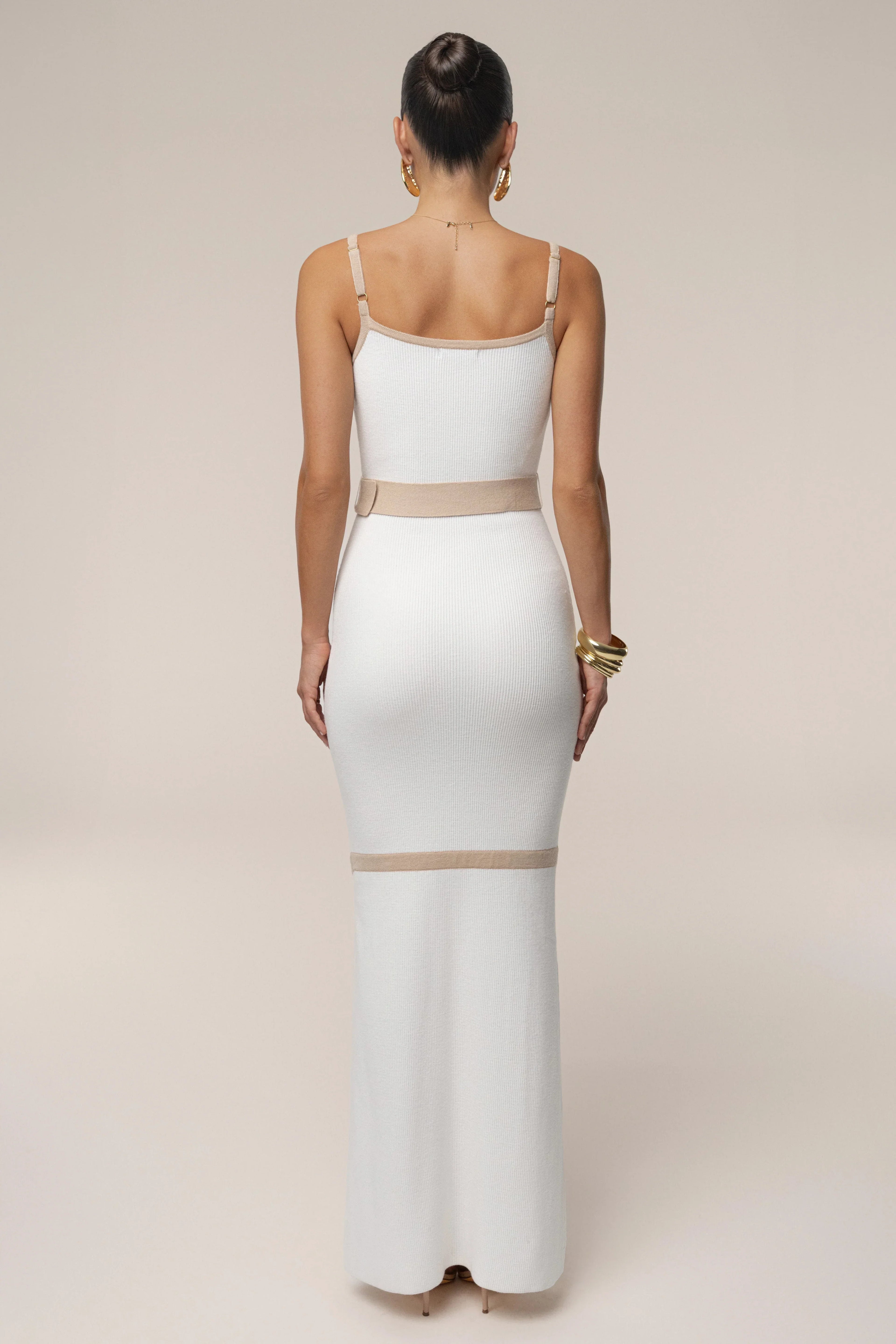 Ivory Beige Belted Cami Maxi Dress