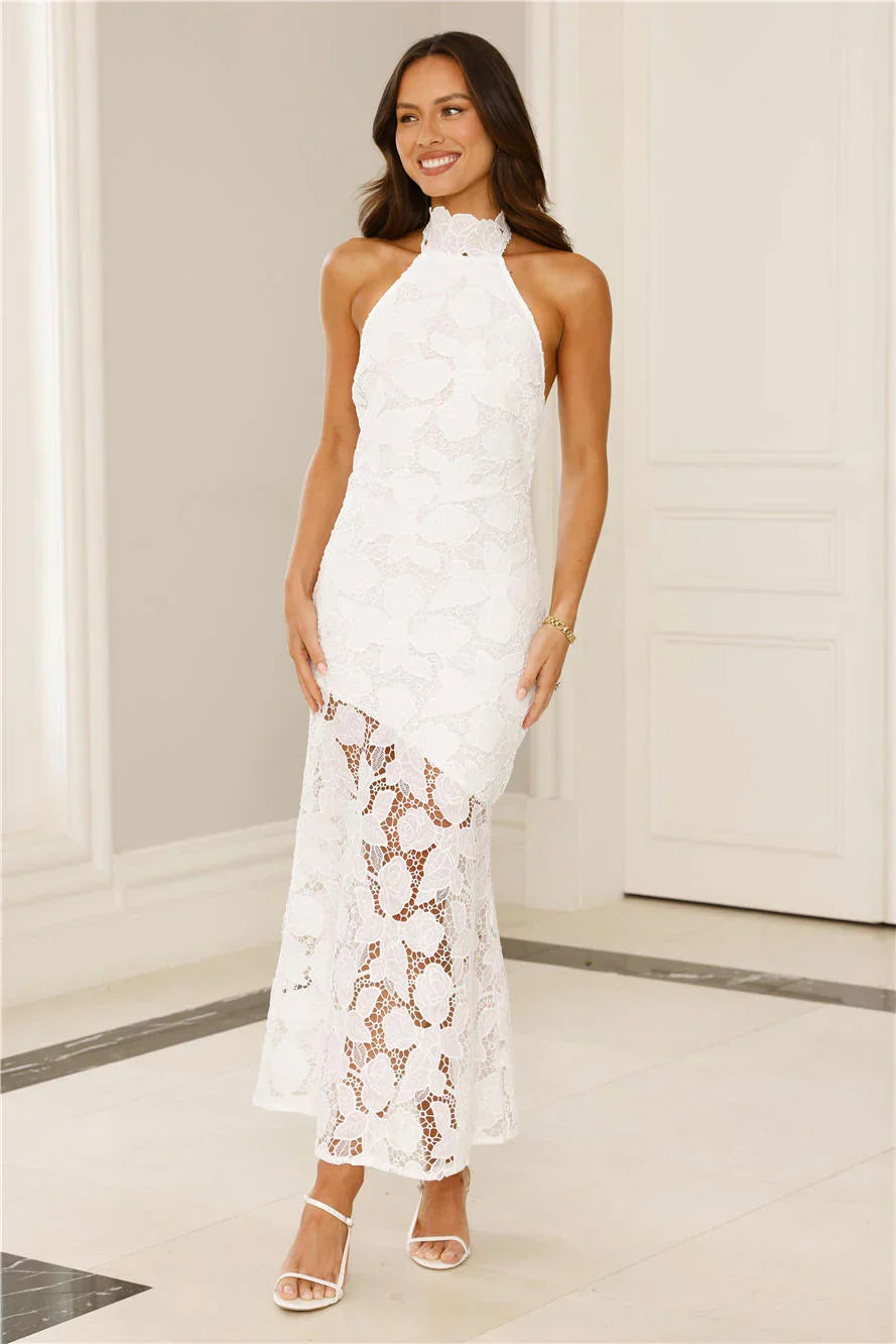 Soft Opulence Embroidered Halter Maxi Dress White