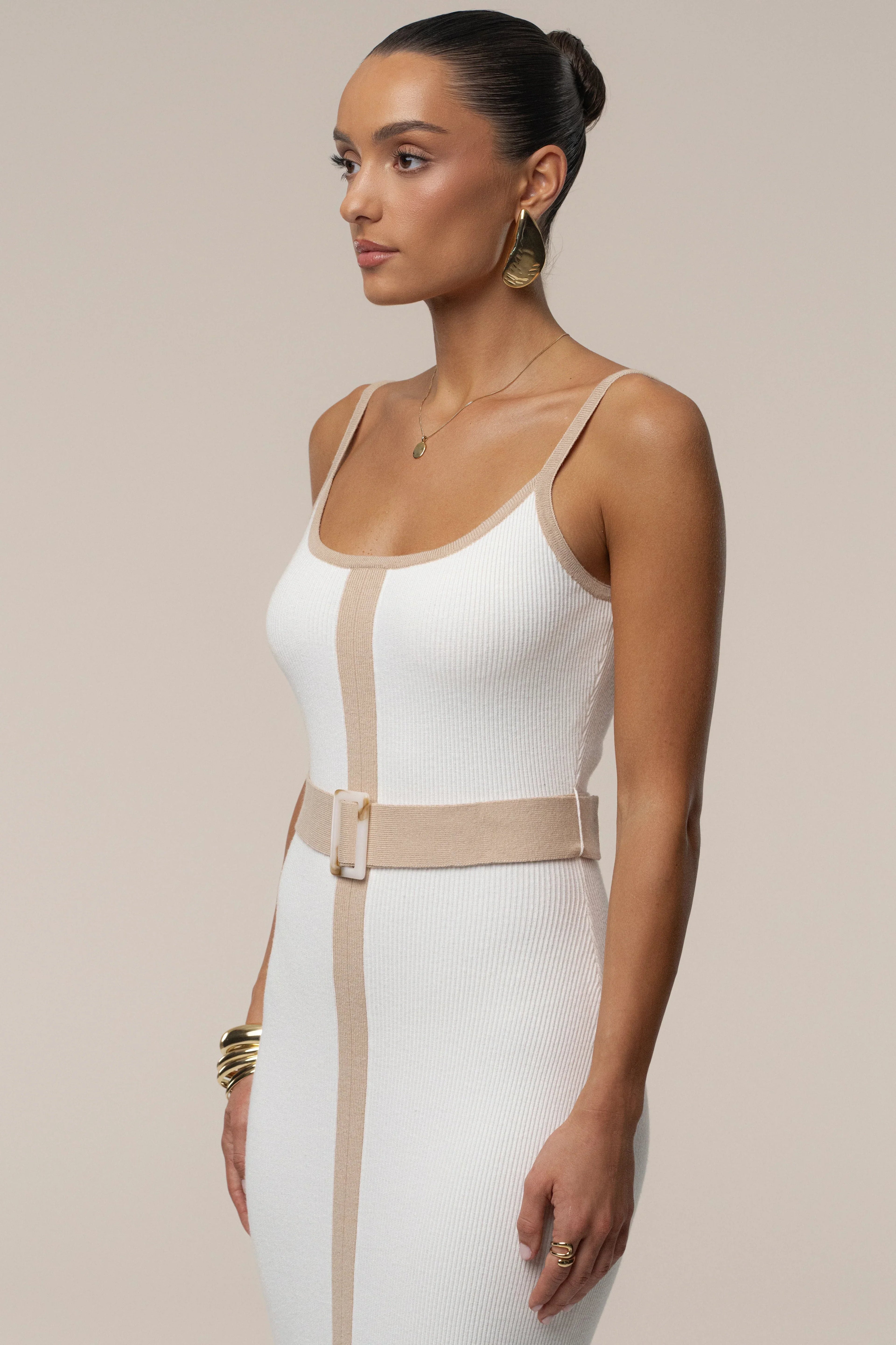 Ivory Beige Belted Cami Maxi Dress
