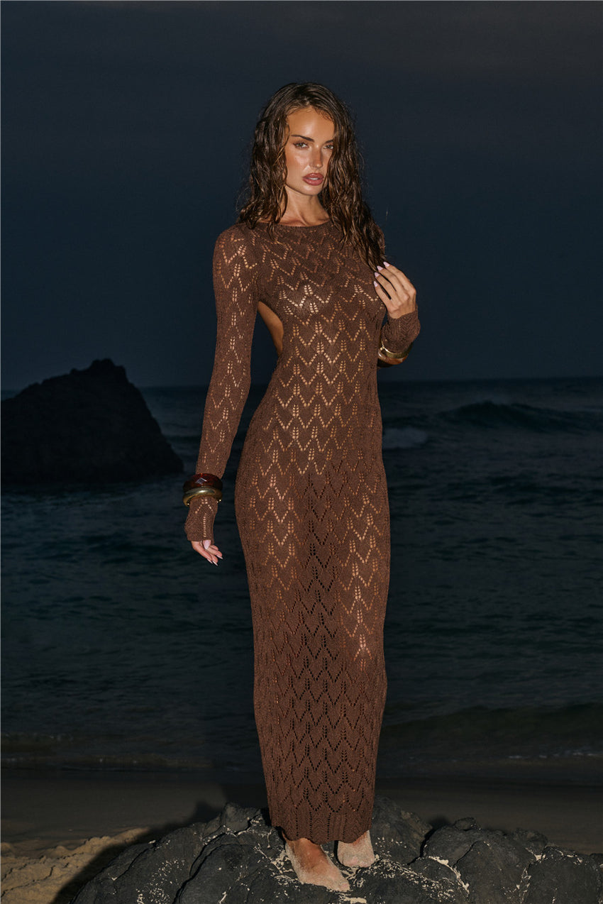 Island Aura Long Sleeve Knit Maxi Dress Chocolate