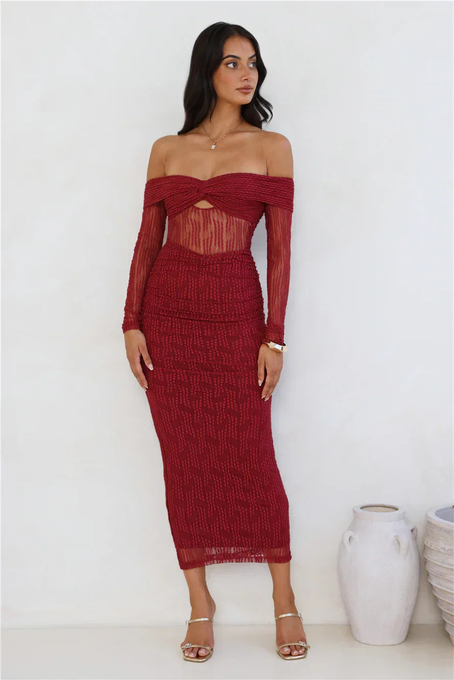 Raegan Mesh Midi Dress Burgundy