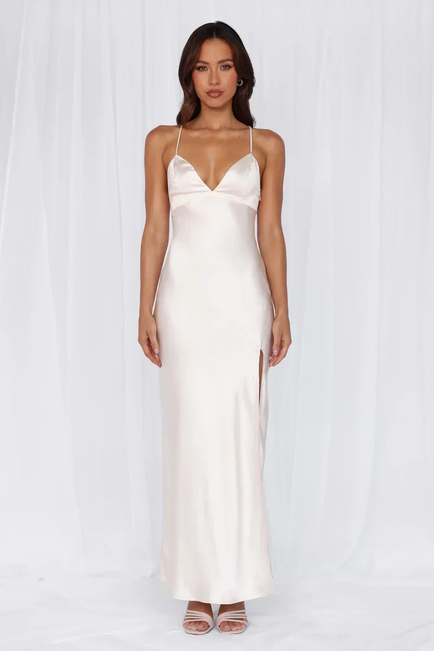 The Sophia Satin Maxi Dress Pearl