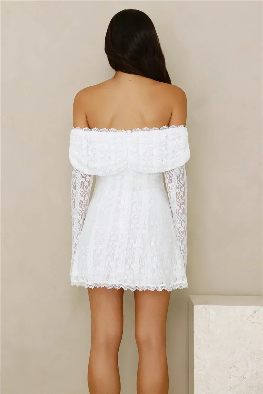 Secret Smile Lace Off Shoulder Mini Dress White