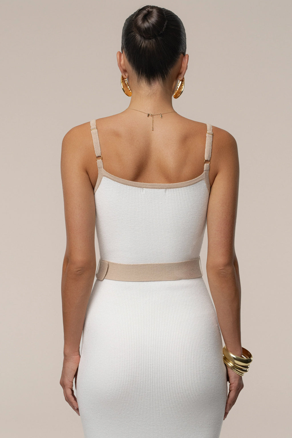 Ivory Beige Belted Cami Maxi Dress