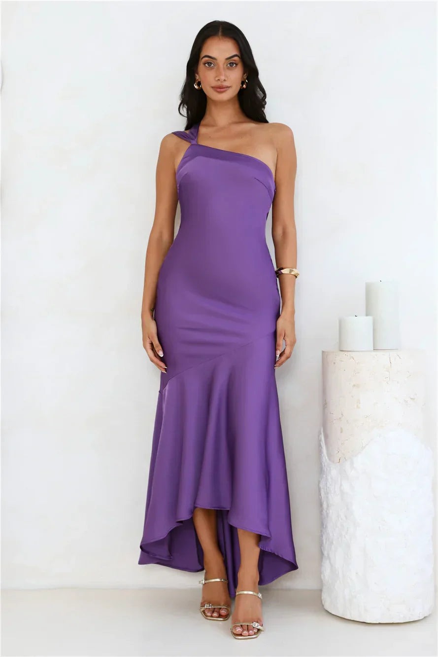 Romantic Affair Satin One Shoulder Maxi Dress Purple