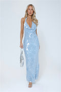Oceanic Sequin Halter Maxi Dress Blue