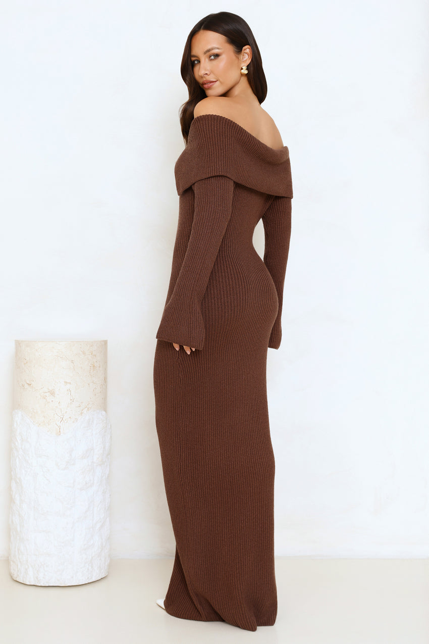 Simple Silhouettes Knit Off Shoulder Maxi Dress Brown