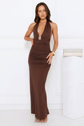 Starlit Elegance Halter Maxi Dress Brown