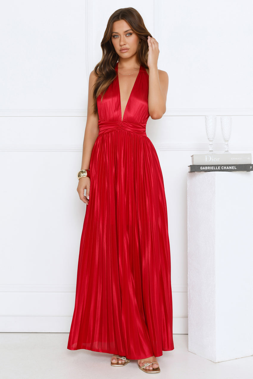 Shimmering Sea Pleated Halter Maxi Dress Red