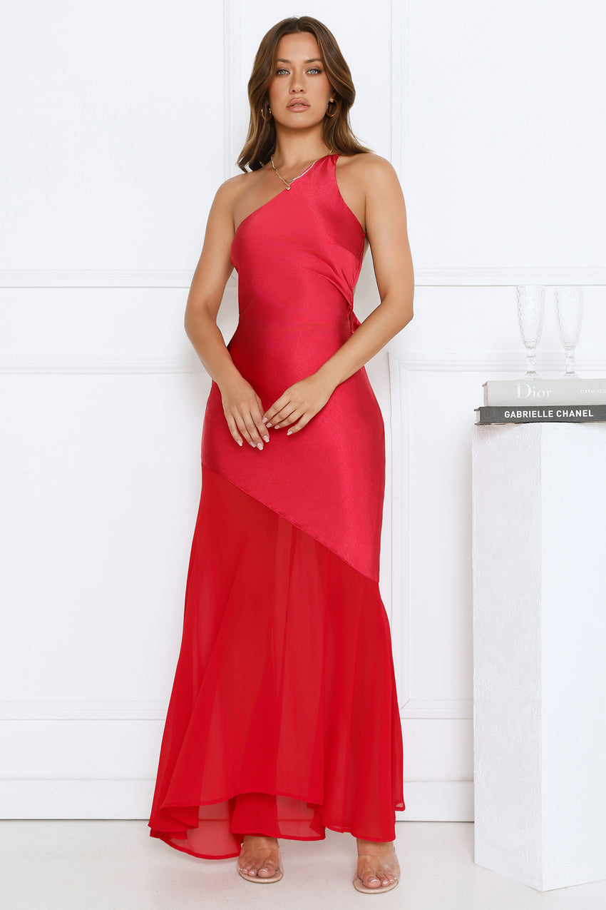 Rosé Nights One Shoulder Satin Maxi Dress Red