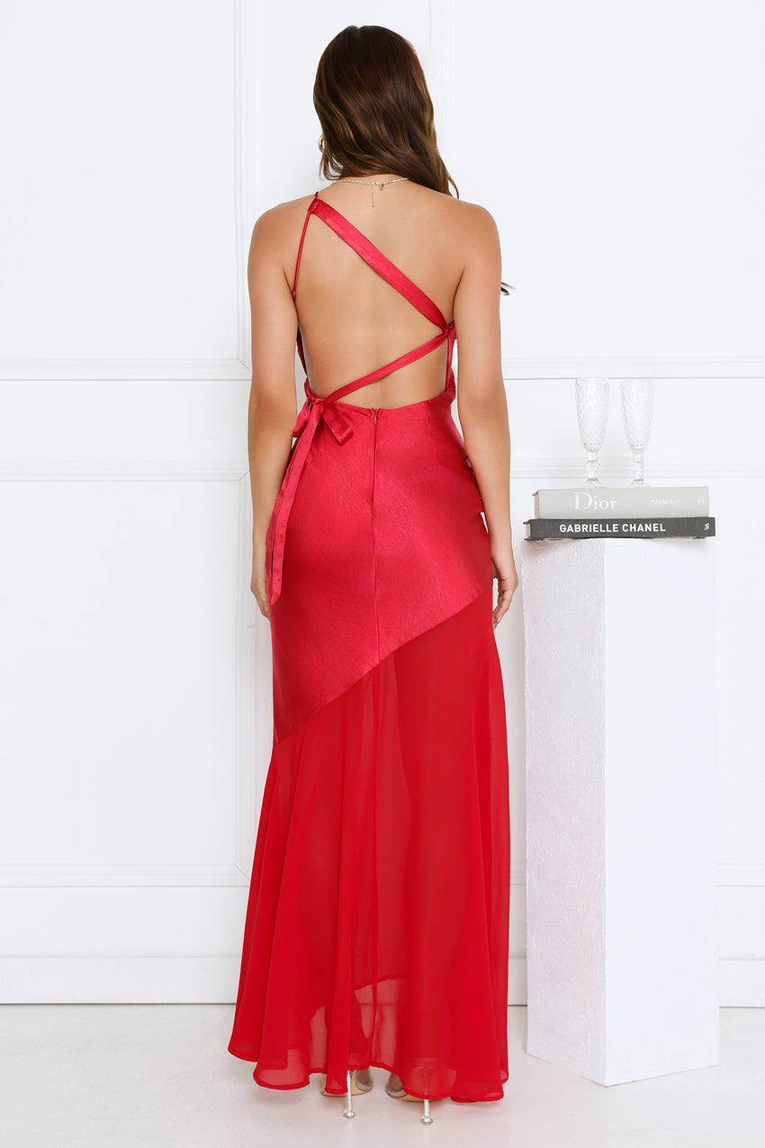 Rosé Nights One Shoulder Satin Maxi Dress Red