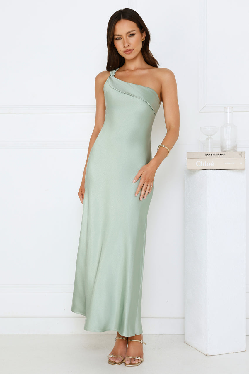 Romantic Tales Satin One Shoulder Maxi Dress Sage