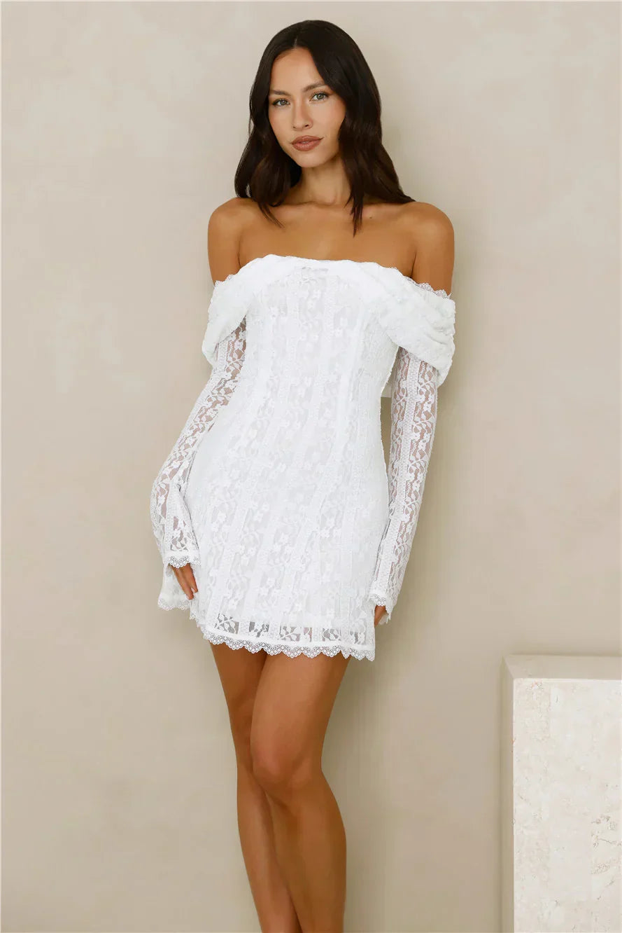 Secret Smile Lace Off Shoulder Mini Dress White