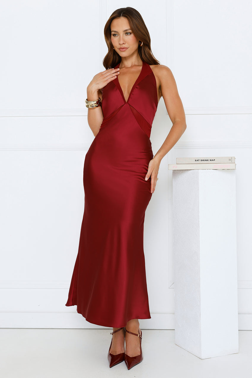 Nocturnal Bloom Satin Halter Maxi Dress Plum