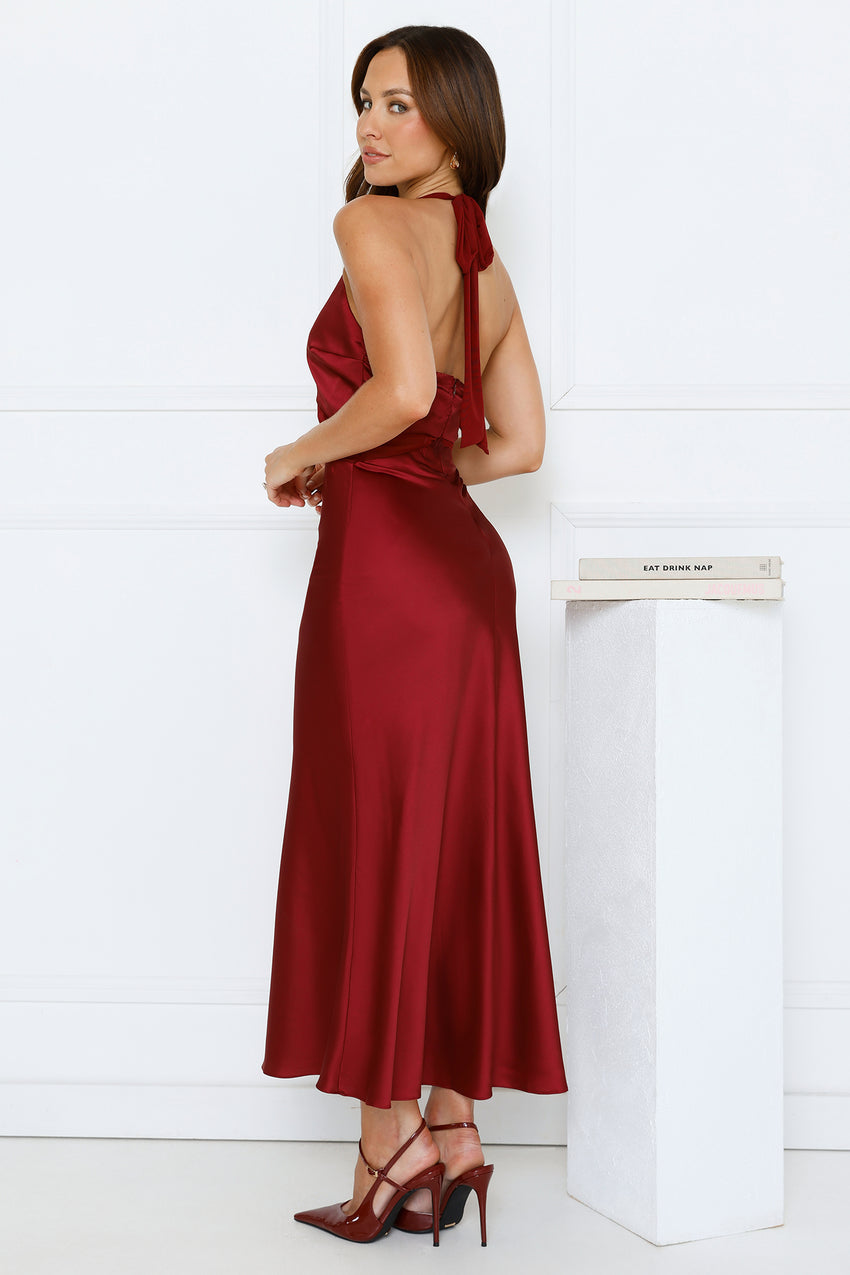 Nocturnal Bloom Satin Halter Maxi Dress Plum