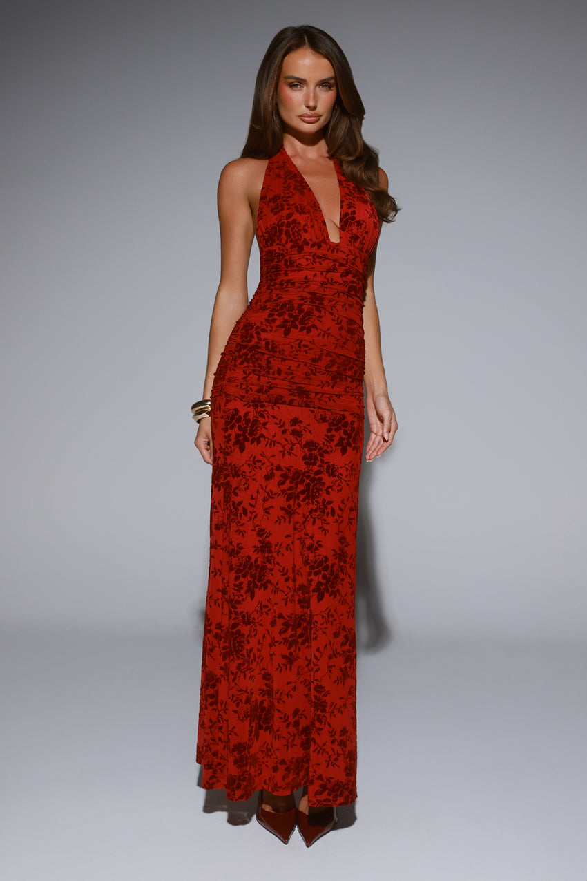 Dewy Whisper Halter Maxi Dress Wine