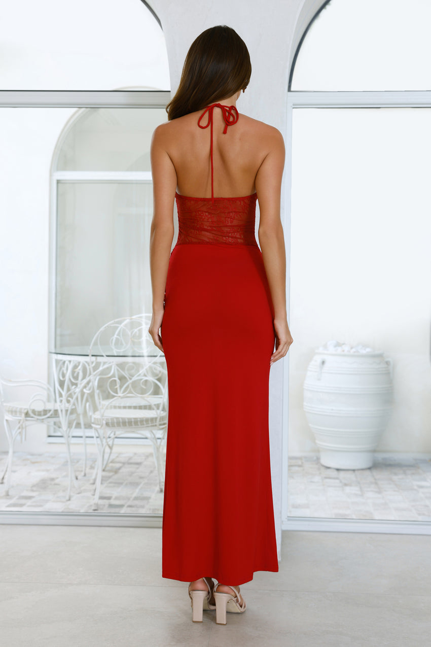 Feel Indulgent Lace Halter Maxi Dress Red