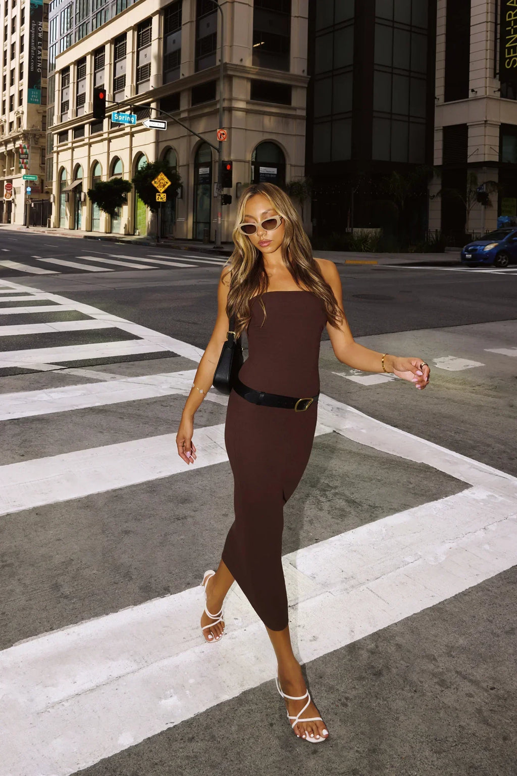 Base Luxe Rib The Ultimate Strapless Midi Dress Chocolate