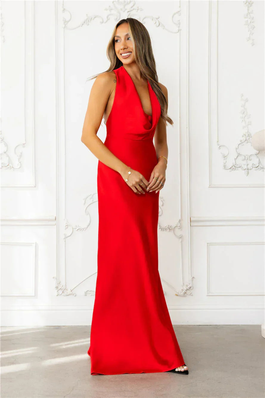 Nightfall Noir Halter Satin Maxi Dress Red