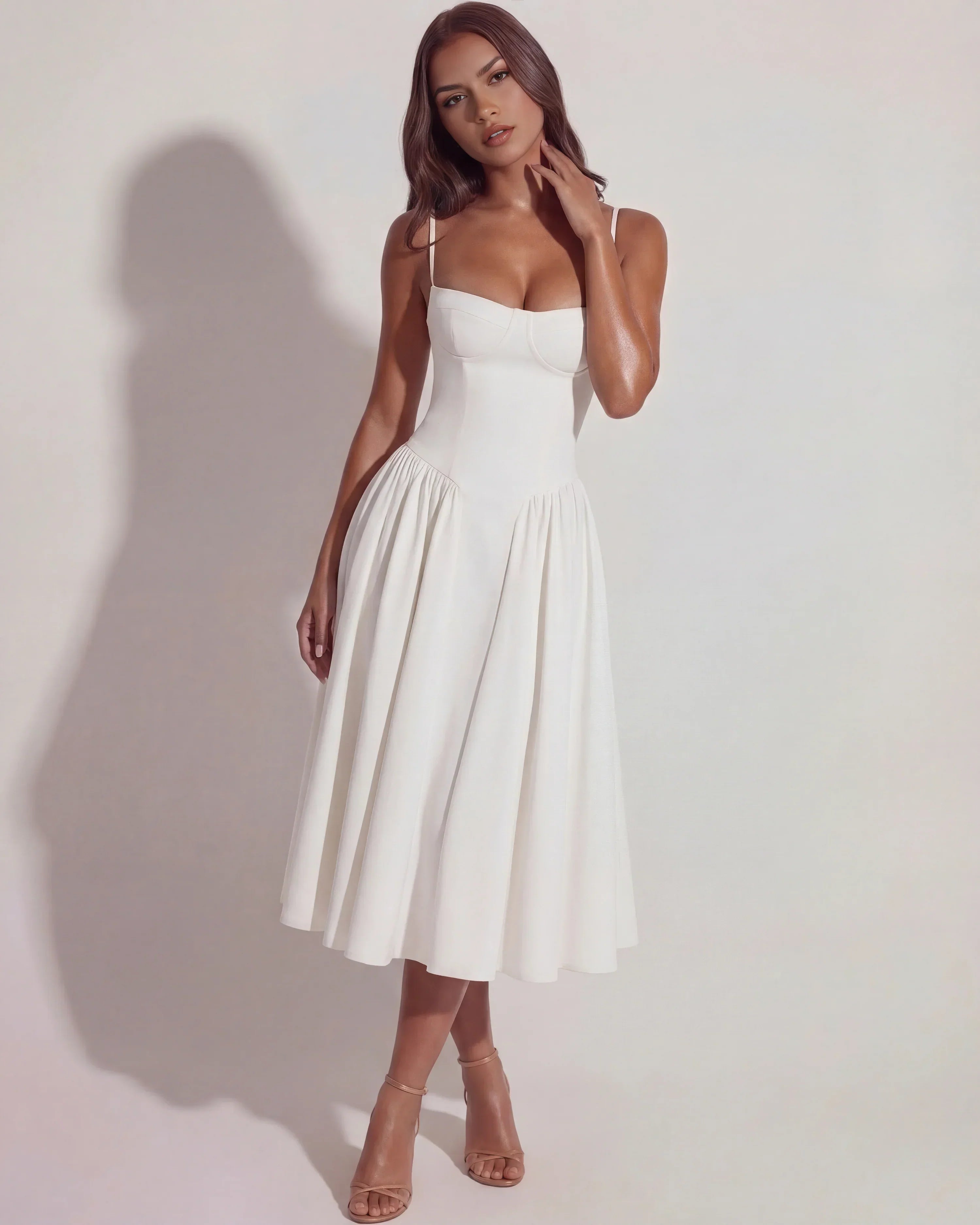 White Midi Dress With Sweetheart Neckline And Hidden Pockets