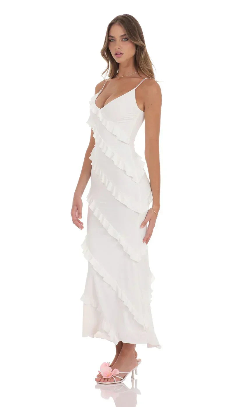 Ruffle V-Neck Maxi Dress in Navy