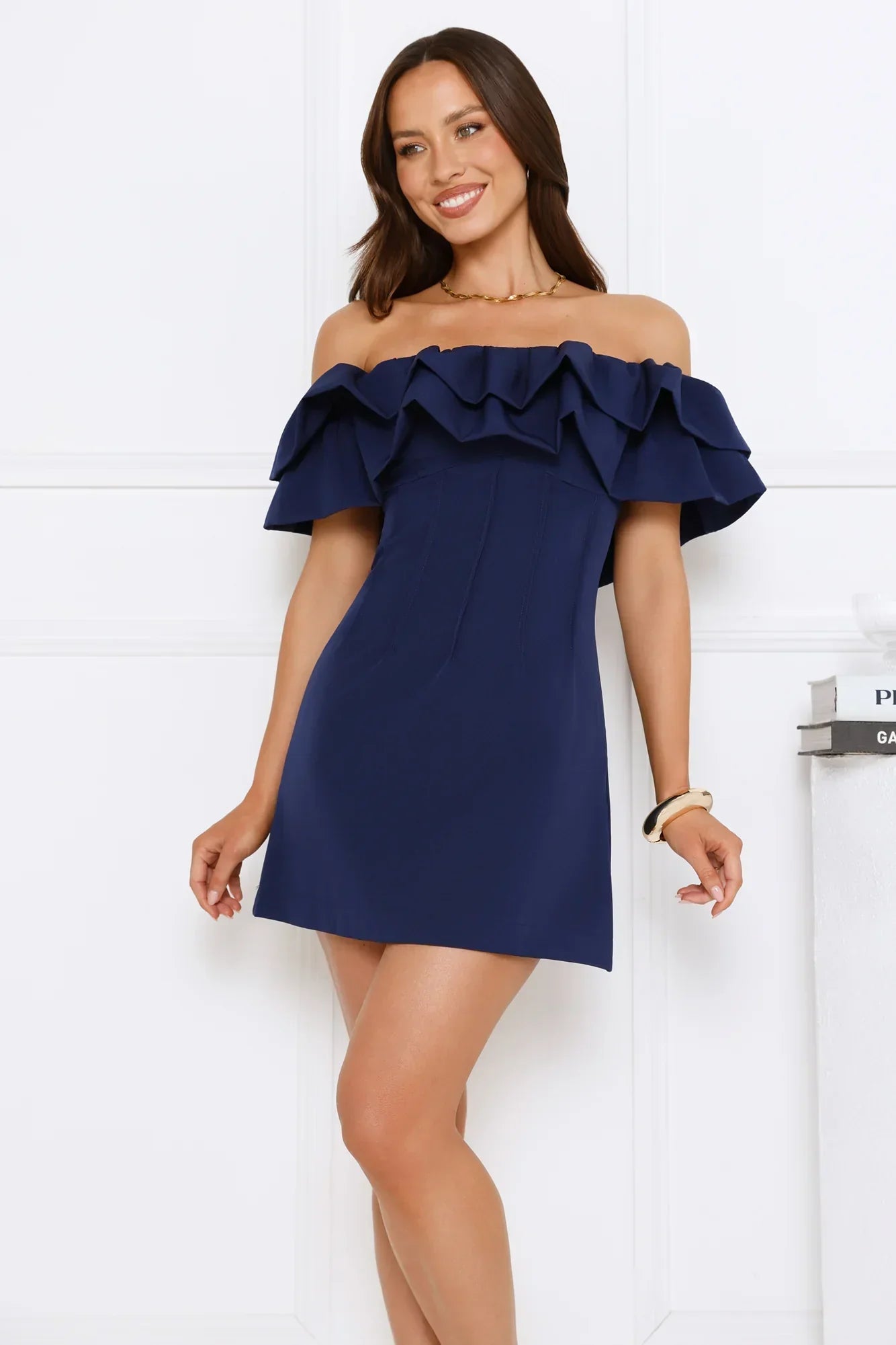 Starlit Enchant Off Shoulder Mini Dress Blue