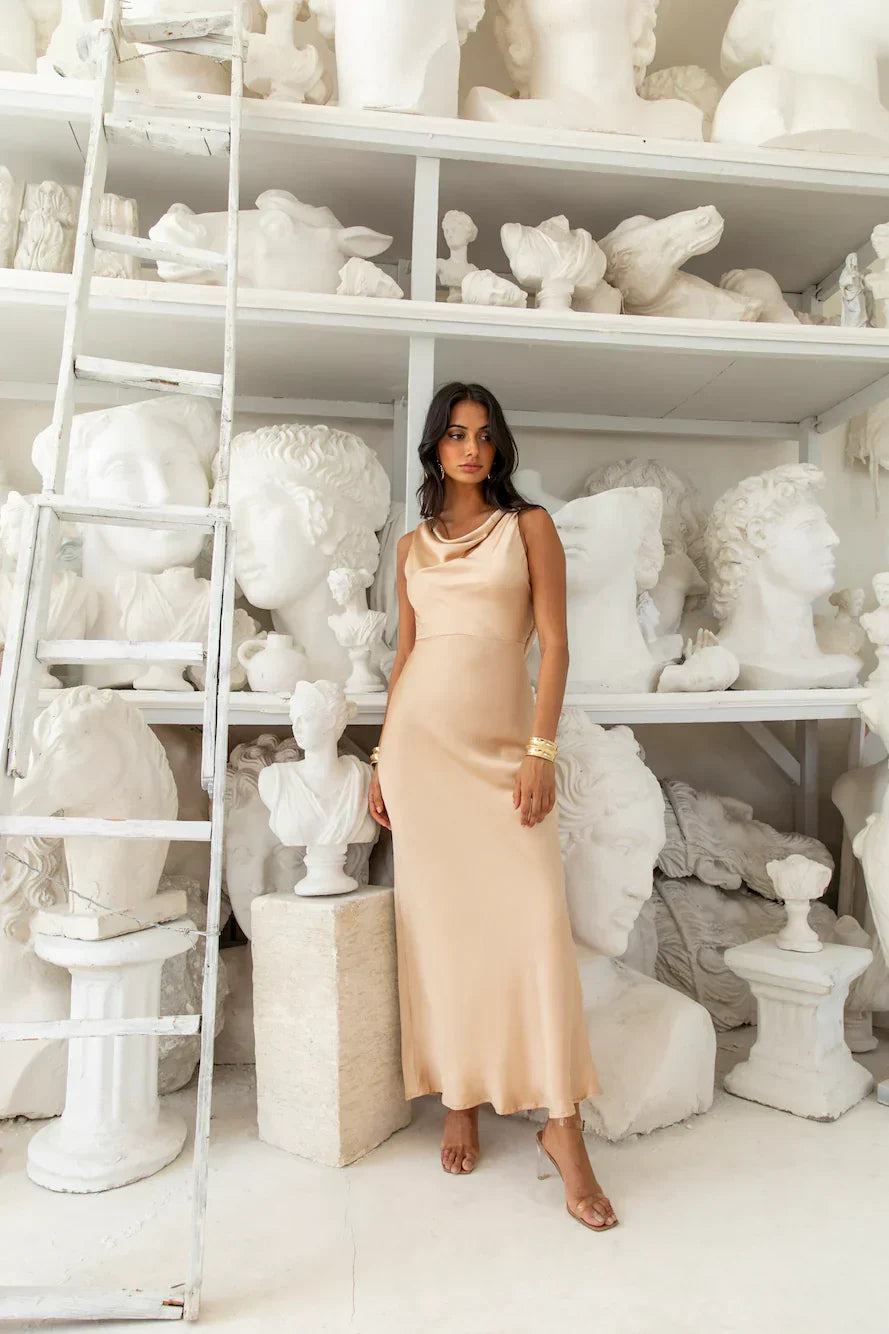 Moonlit Palms Satin Maxi Dress Champagne