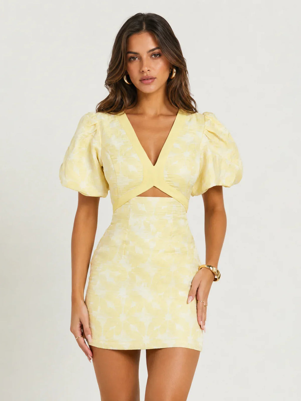 Diana Mini Dress - Jacquard Short Sleeve Cut Out Dress In Lemon