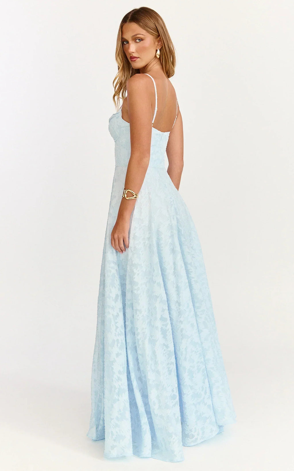 Rachel Maxi Dress - Sweetheart Neckline Jacquard Front Split Dress In Ice Blue
