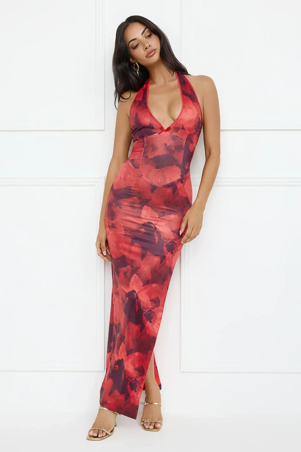 Watermelon Splash Halter Mesh Maxi Dress Red
