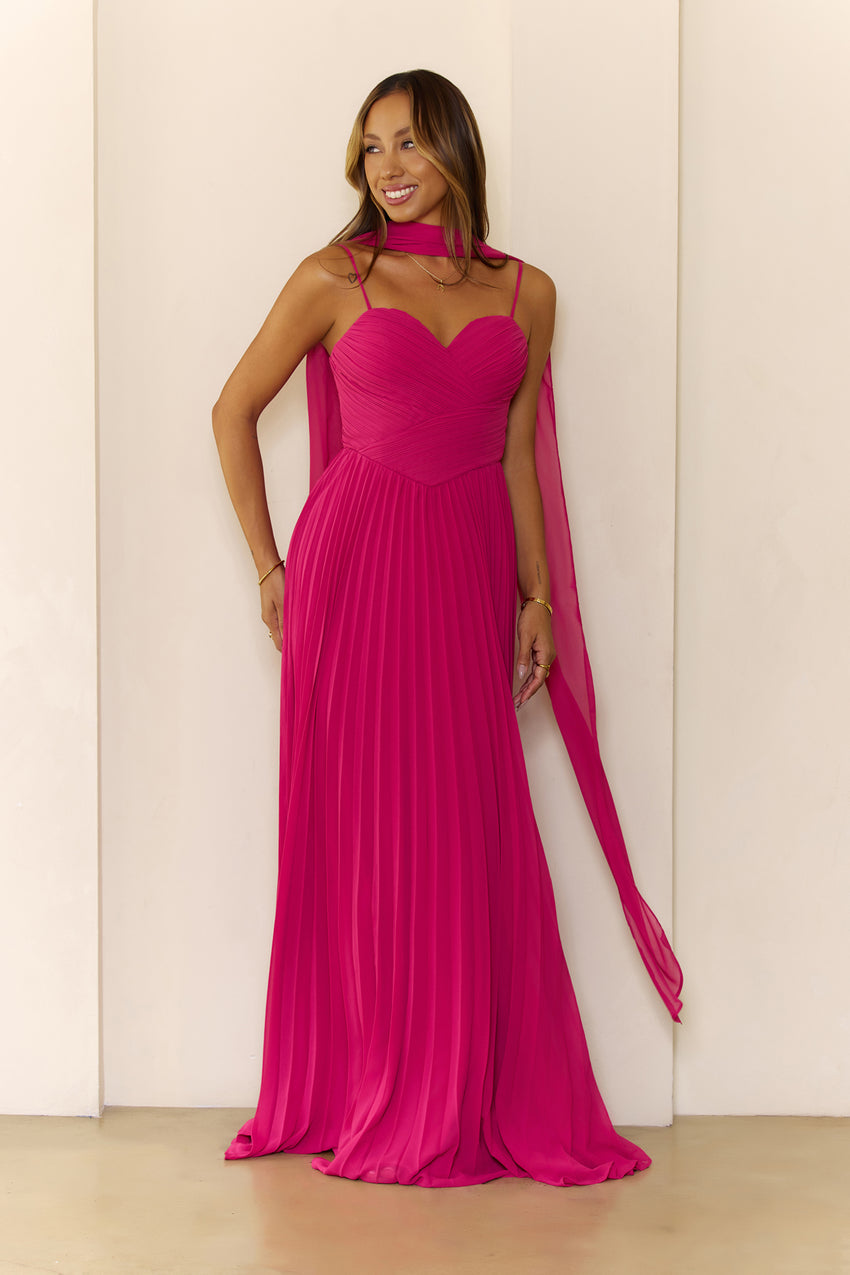 Sweetheart Pleated Scarf Maxi Dress Hot Pink