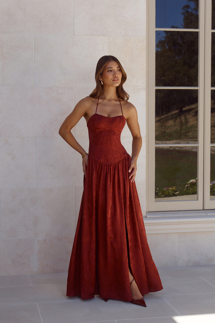 Starlet Status Satin Maxi Dress Wine