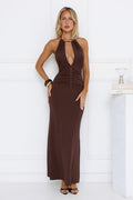 Soft Power Dressing Halter Maxi Dress Chocolate