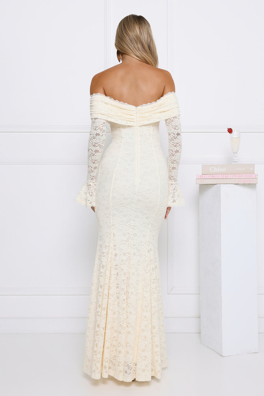 Laced Up Luxe Off Shoulder Maxi Dress Cream