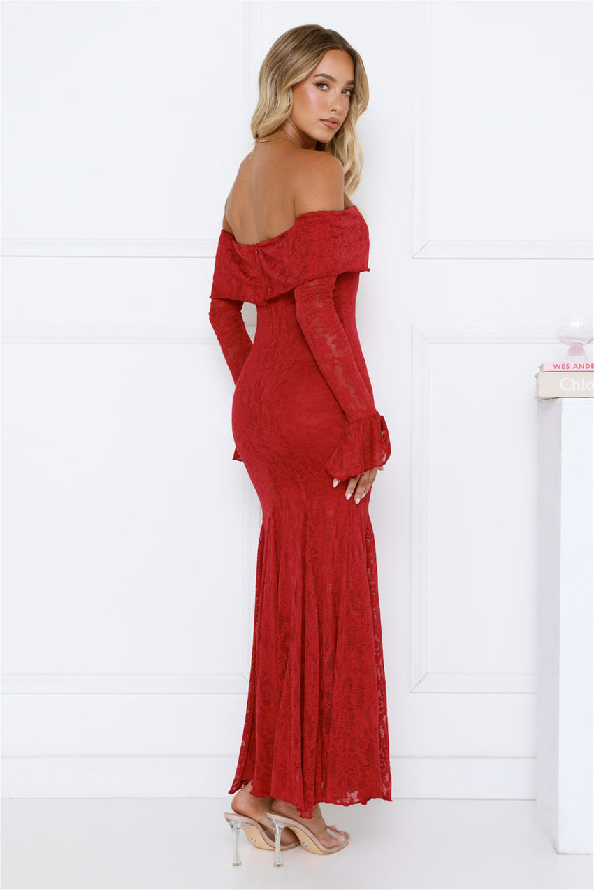 Supreme Off Shoulder Mesh Maxi Dress Red