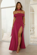Midnight Elegance Off Shoulder Maxi Dress Magenta